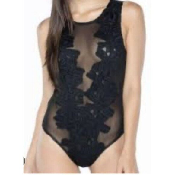 HAUTE Monde Black Bodysuit Sheer Floral Sleevless Size M Womens Sexy G - Picture 3 of 11